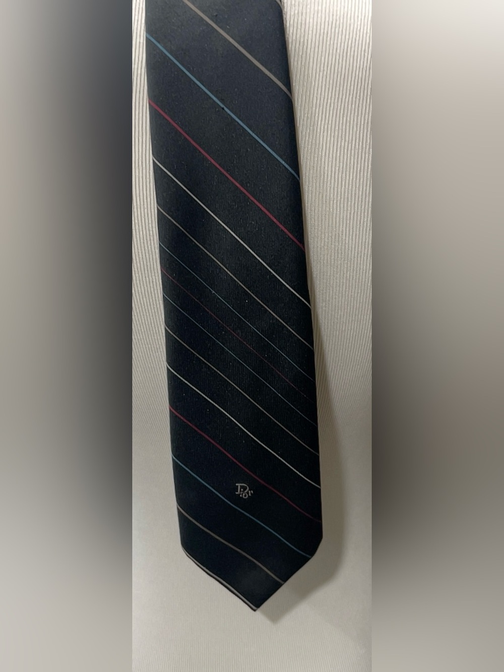 Christian Dior Mens Black Striped Necktie 95% Polyester 5% Silk Woven Italy VTG
